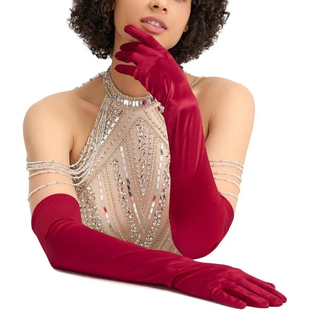 Women's Evening Burgundy Long Satin Gloves Elbow Length Formal Party Prom Wear